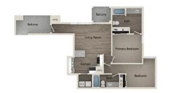Floor plan for 2 beds, 2 baths, 932 sqft
